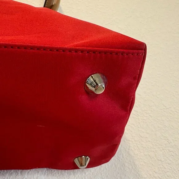 Red Nylon Shoulder Bag Tan Faux Leather Handles Classic Everyday Purse - Picture 4 of 10